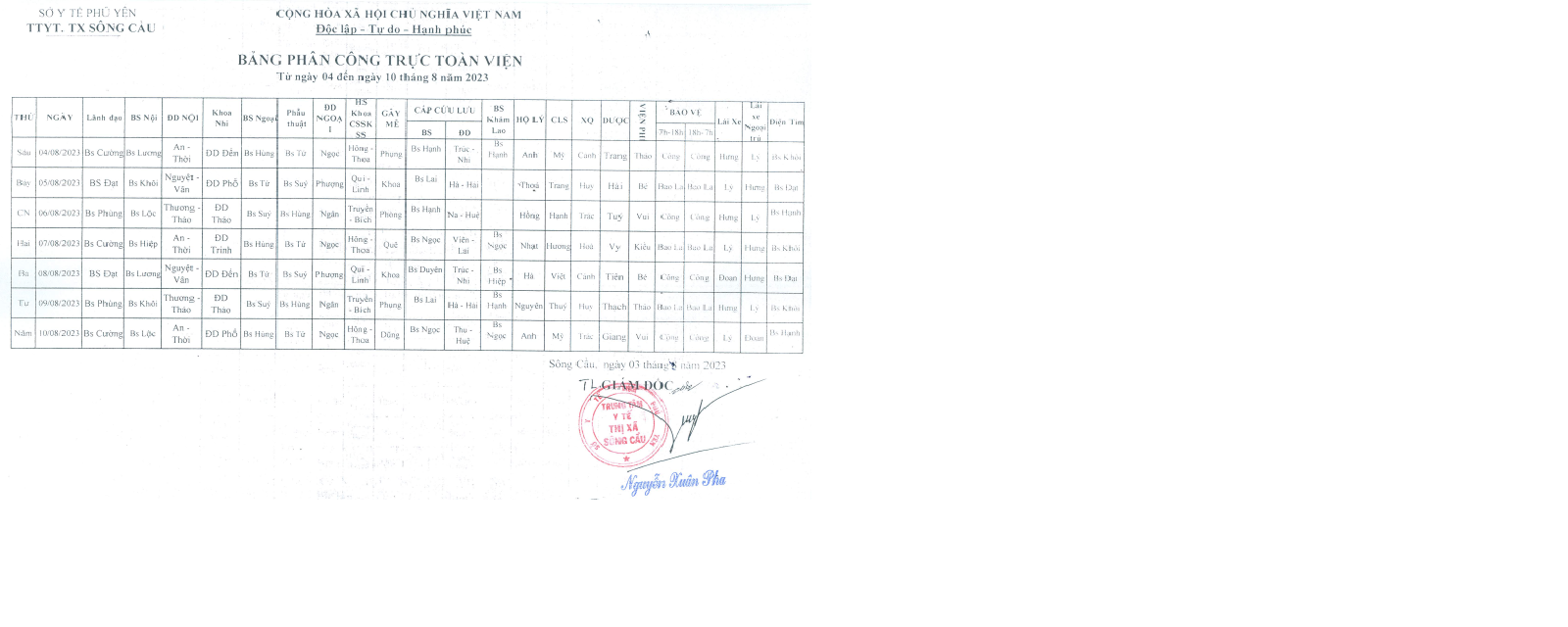 Lịch trực từ ngày 04/8/2023 đến 10/08/2023